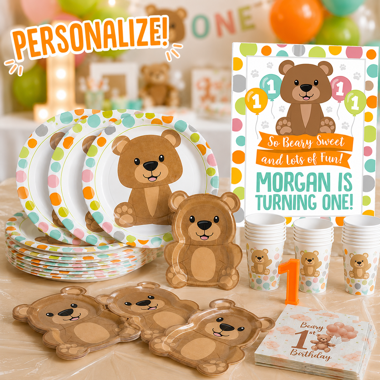Teddy Bear 1st Birthday Deluxe Party Pack for 8